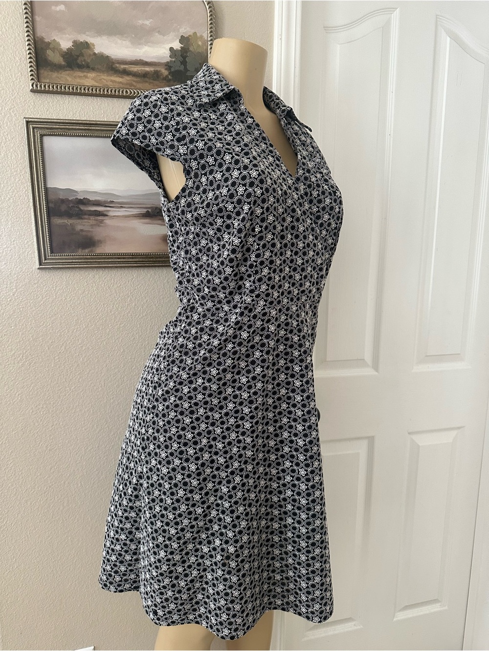 LOFT Black and White Floral Collared Fit-and-Flare Midi Dress